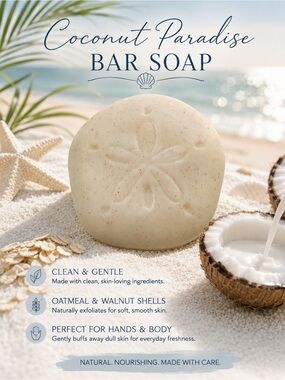 Hand Crafted “Coconut Paradise” Scented Sand Dollar Oatmeal Bar Soap